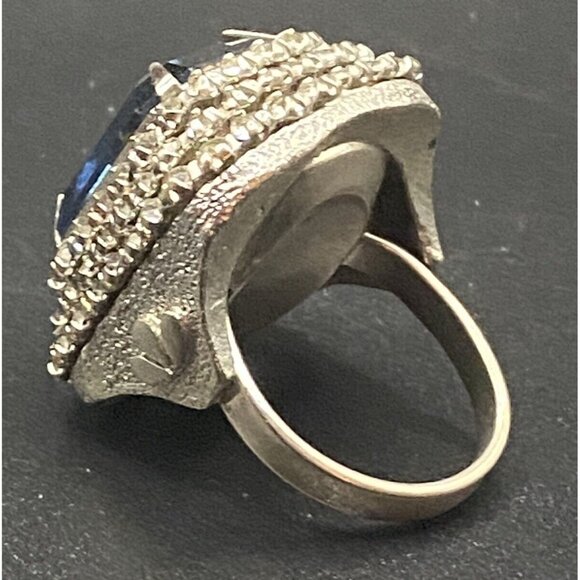 Statement Ring Emerald Cut Faux Blue Sapphire 3 Rows CZ Silver Tone Sz 7 GLOWS - Picture 3 of 8